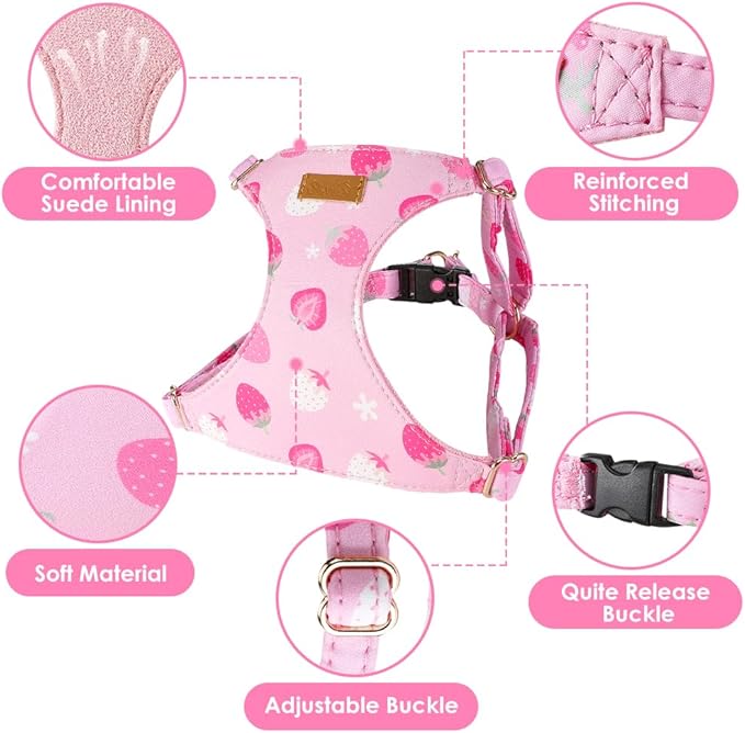 Lukovee Puppy Harness and Leash Set, No Pull Lightweight Soft Suede Adjustable Pet Harness Vest with Snap Buckle for Puppy Small and Medium Size Dog (Pink Strawberry, S)