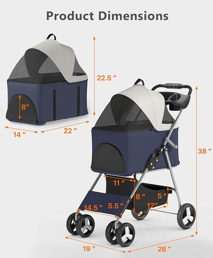 OS MOTOR Pet Stroller with 4 Wheels for Small/Medium Pets,Travel Foldable Detachable Carrier for Dog Cat Cage Jogger Stroller, Rear Wheel Breaks, Storage Basket, Visible Mesh Weather Cover (Navy Blue)