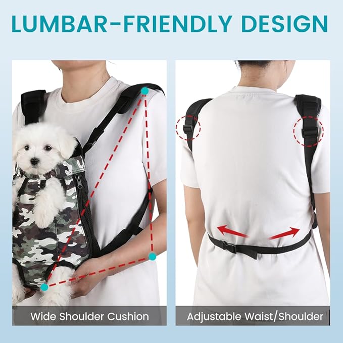 Dog Backpack Carrier, Front Pocket for Essentials, Pet Sling Front Backpack for Small Medium Dogs 10-16 Lbs, Legs Out, Adjustable Wearable Puppy Chest Travel Bag, Easy-Fit for Hiking/Walking/Camping