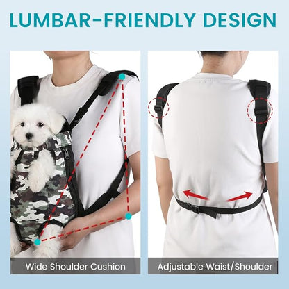 Dog Backpack Carrier, Front Pocket for Essentials, Legs Out Carrying Sling Travel Bag for Small Medium Dogs 4-7 Lbs, Soft Wearable Puppy Chest Carry Backpacks for Walking/Hiking/Camping/Traveling