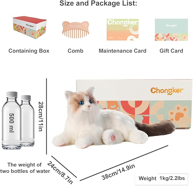 Chongker Interactive Companion Robot Cat Pets, Handmade Weighted Stuffed Animals, Cat Plush Toy with Voice Response, Realistic Heartbeat and Purring, Ragdoll Cat