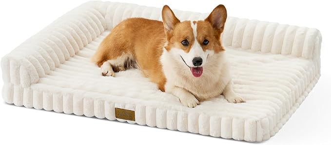 COZY KISS Medium Dog Bed, Faux Rabbit Fur Orthopedic Foam Dog Bed with Sides, Removable Washable Cover & Waterproof Lining, Comfortable Pet Couch for Medium Dogs, Cream (36" L x 27" W x 6.5" Th)
