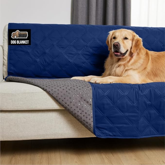 GORILLA GRIP Waterproof Dog Blanket, 82x68, Leakproof Couch Cover for Dogs, Silicone Grip Backing, Protects Sofa, Sectional, Bed, Crate, Car & RV, Tear-Resistant Washable Senior Pet Blanket, Navy Blue