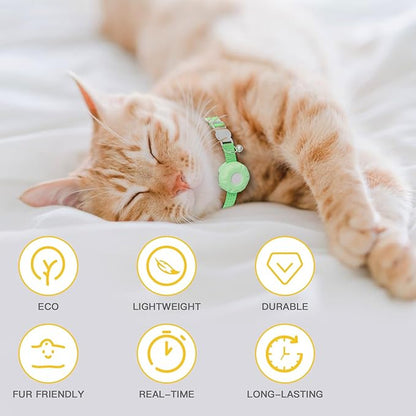 Cat Tracker,No Monthly Fee GPS Trackers for Cats,Pet Tracker Work with Apple Find My App(iOS Only),Real-Time Location Tracking,Cat Tracker GPS Collar with Safety Elastic Buckle-LightGreen