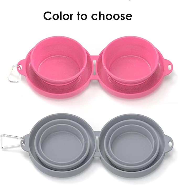 Collapsible Double Dog & Cat Bowl, 2-in-1 Silicone Food & Water Dish Portable Travel Feeding Bowl for Camping (Small)