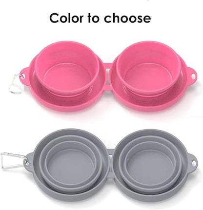 Collapsible Double Dog & Cat Bowl, 2-in-1 Silicone Food & Water Dish Portable Travel Feeding Bowl for Camping (Small)