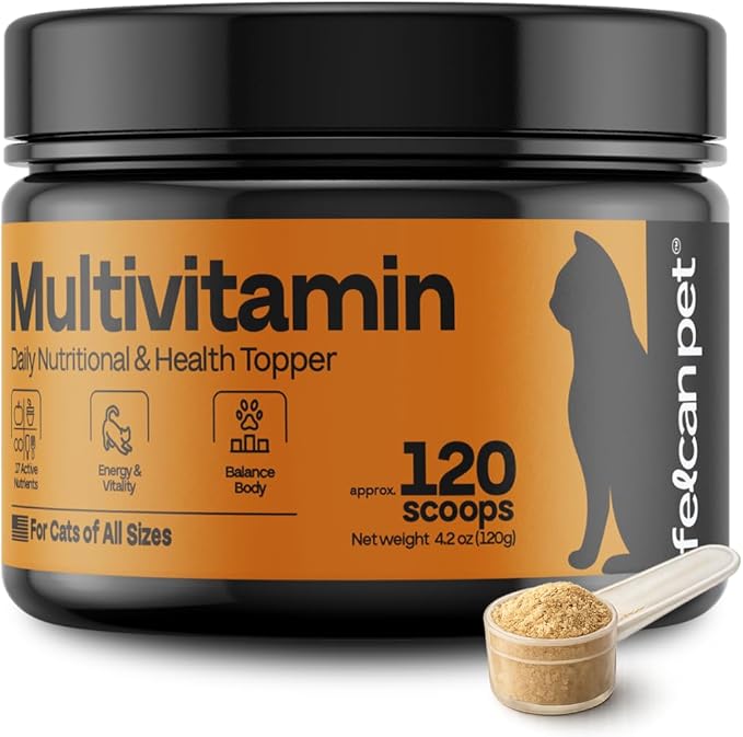 Cat Multivitamin Powder – Daily Nutritional Topper with 17 Active Nutrients, Taurine, Omega 3 & Glucosamine – Supports Energy and Overall Vitality – Cat Supplements – 120 Scoops