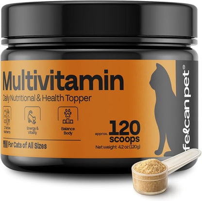 Cat Multivitamin Powder – Daily Nutritional Topper with 17 Active Nutrients, Taurine, Omega 3 & Glucosamine – Supports Energy and Overall Vitality – Cat Supplements – 120 Scoops