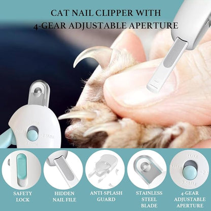 Nail Clipper for Cats with Adjustable 3-Size Trimming Hole & Hidden Nail File | Safe Toenail Trimmer for Kittens & Indoor Cats | Adjustable Aperture Pet Blue Nail Clippers