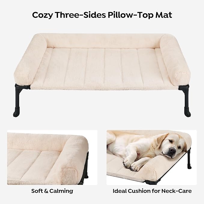 Veehoo Orthopedic Elevated Dog Bed with Fluffy Plush Bolster Cushion, Indoor Raised Dog Beds for Large Dogs, Soft Pet Sofa Cot with Removable Washable Mat, No-Slip Feet, 59 x 37 inches, Cream White