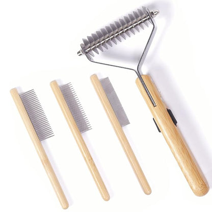 Bamboo Undercoat Rake & Deshedding Comb for Dogs & Cats - Cat & Dog Brush & Dematting Tool for Matted Fur, Pet Grooming Kit with Fur Comb & Flea Comb for Shedding Control