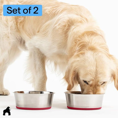 GORILLA GRIP Dog Bowls, Food Grade 304 Stainless Steel, Holds 6 Cups Each (48 fl oz) Food and Water Bowl for Feeding Dogs and Cats, Dishwasher Safe, Rust Resistant, BPA Free Rubber Base Set of 2 Red