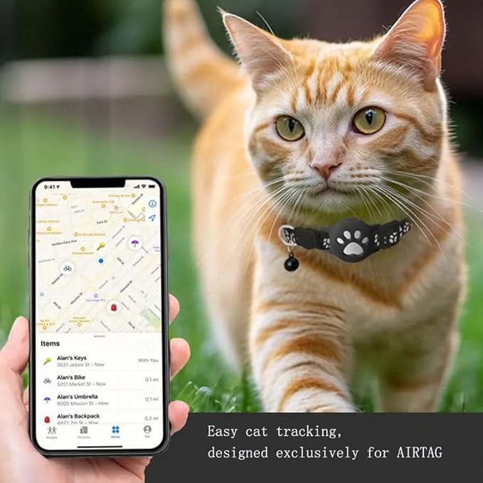 GPS Pet Tracker Collar for Cats & Small Dogs, Lightweight & Waterproof with Safety Buckle, Anti-Loss Tracking, Adjustable Reflective Collar with Bell (iOS, Black, 19-26cm)
