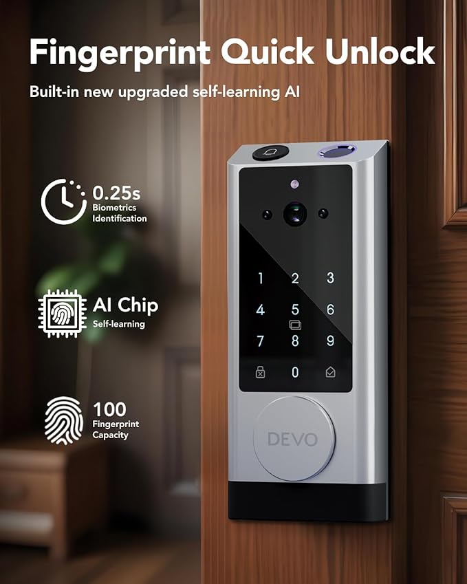 Devo G1 Video Smart Lock with Camera & Doorbell, 6-in-1 Fingerprint Keyless Entry Door Lock for Front Door, App Remote, Auto Locks, Wi-Fi Smart Deadbolt, Easy Install, Waterproof, Silver(Handle)