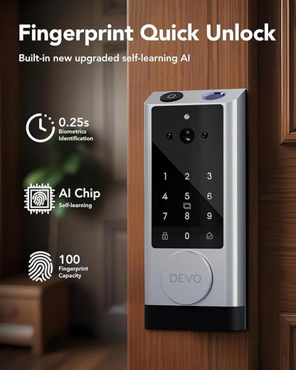 Devo G1 Video Smart Lock with Camera & Doorbell, 6-in-1 Fingerprint Keyless Entry Door Lock for Front Door, App Remote, Auto Locks, Wi-Fi Smart Deadbolt, Easy Install, Waterproof, Silver(Handle)