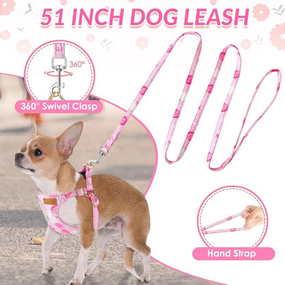 SlowTon No Pull Dog Harness with Leash - Soft Lightweight Floral Pattern Puppy Harness, Adjustable Pet Harness for Small Medium Dogs (Pink Strawberry, M)