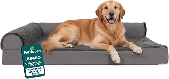 Furhaven Cooling Gel Dog Bed for Large Dogs w/ Removable Bolsters & Washable Cover, For Dogs Up to 95 lbs - Plush & Velvet L Shaped Chaise - Platinum Gray, Jumbo/XL