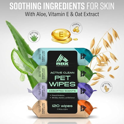 RBX Active Clean Dog Wipes for Paws and Butt (120 Count) – Pet Wipes Cleaning & Deodorizing with Aloe, Vitamin E & Oat Extract – Hypoallergenic Puppy Wipes, 4 Scents