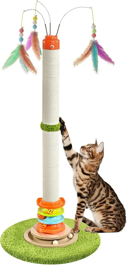 YARUOMY Cat Scratching Post，40'' Tall Cat Scratcher Tree Cat Toys for Indoor Cats with Cat Toys 4-Tier Roller Track，Automatically Rotating cat Teaser Wand，Hanging Balls for Kittens Adults Cats