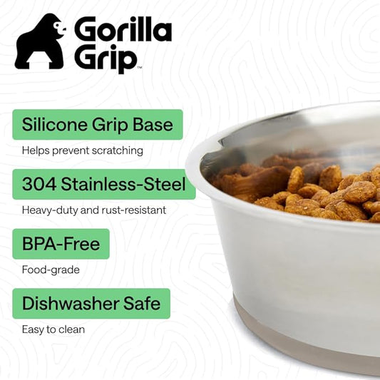 GORILLA GRIP Dog Bowls, Food Grade 304 Stainless Steel, Holds 6 Cups Each (48 fl oz) Food and Water Bowl for Feeding Dogs and Cats, Dishwasher Safe, Rust Resistant, BPA Free Rubber Base Set of 2 Beige