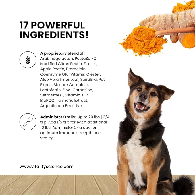 Vitality Science Celloquent Gold for Dogs | Holistic Advanced Immune Support Supplement | 17 Proven Ingredients | Auto Immune, Vomiting and Diarrhea, Depression (220g)