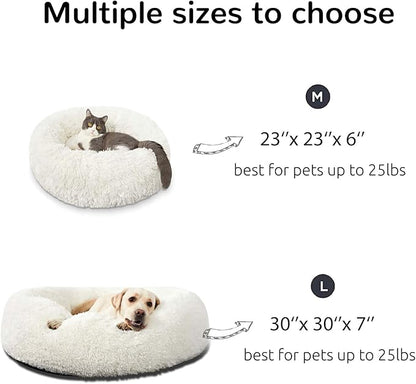 HACHIKITTY Calming Donut Cuddler Dog Bed, Round Fluffy Pet Bed for Small Dogs,Washable, Large, White, 24''