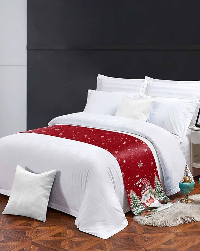 Christmas Gnomes Red Bed Runner for Cal.King Size Bed, Xmas Decorative Bed Scarf Throws for Foot of Bed, Rustic Tree Snowflake Luxury Bedding Protector Slipcover Bed Runners for Home, 102 x 20 Inch