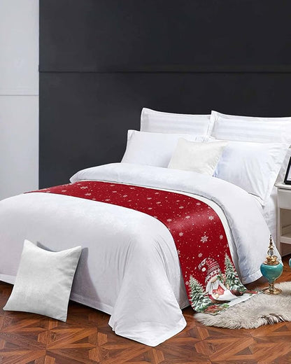 Christmas Gnomes Red Bed Runner for Cal.King Size Bed, Xmas Decorative Bed Scarf Throws for Foot of Bed, Rustic Tree Snowflake Luxury Bedding Protector Slipcover Bed Runners for Home, 102 x 20 Inch