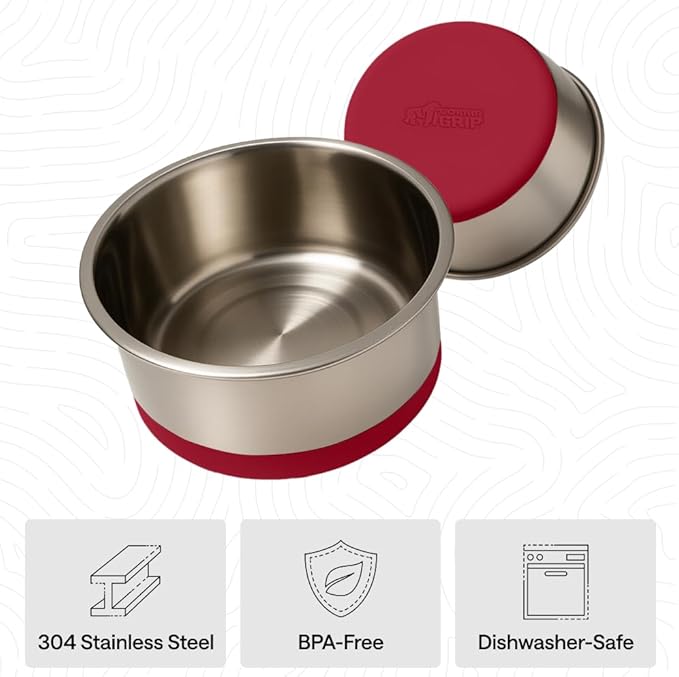 GORILLA GRIP Dog Bowls, Food Grade 304 Stainless Steel, Holds 6 Cups Each (48 fl oz) Food and Water Bowl for Feeding Dogs and Cats, Dishwasher Safe, Rust Resistant, BPA Free Rubber Base Set of 2 Red