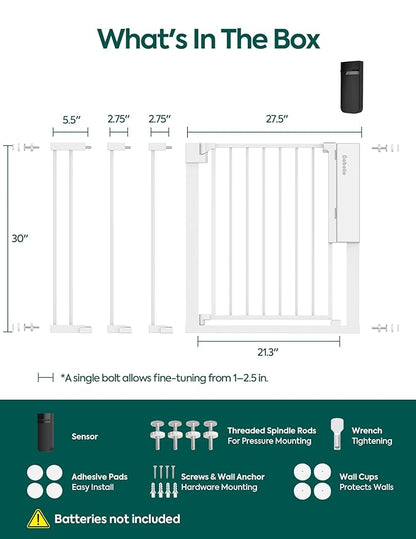 Babelio Smart Baby Gate with Auto-Unlock/Close, Pressure Mounted No Drill for Doorways/Top of Stairs. Pet/Dog Door Wide Walk Thru w/Infrared Sensor & Instant Safety Alert (White, 30.3-47.2" W, 30" H)