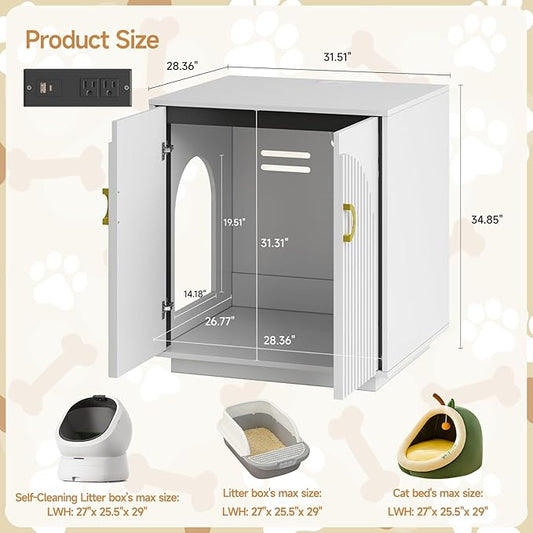 Large Cat Litter Box Enclosure for Self Cleaning Litter Box, 34.84" Tall Litter Boxes Furniture w/Outlets, Modern Cat House, Hidden Cat Litter Furniture for Living Room White