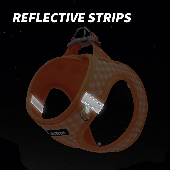 AIITLE Medium Dog Harness – Breathable Mesh with Plaid Design & Dual D-Rings – Secure Fit for Camping, Hiking & Daily Adventures (L, Orange)