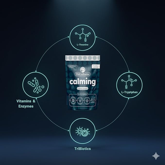 PetCultures Calming Tribiotic Dog Supplement Powder – Supports Stress, L-Tryptophan, L-Theanine, and Gut-Brain Axis Balance - Made in USA (30)
