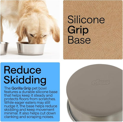 GORILLA GRIP Dog Bowls, Food Grade 304 Stainless Steel, Holds 2 Cups Each (16 fl oz) Food and Water Bowl for Feeding Dogs and Cats, Dishwasher Safe, Rust Resistant, BPA Free Rubber Base Set of 2 Beige