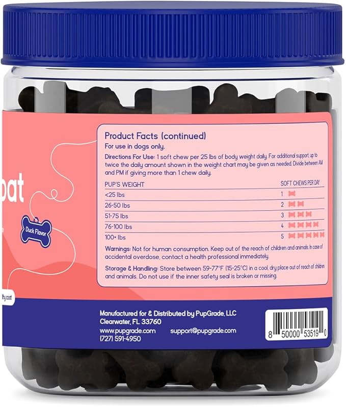 PupGrade Skin & Coat Soft Chew Supplement for Dogs – Supports Healthy Skin, Coat, and Immune Function - Rich in Natural Fish Oil, Omega Fatty Acids, and Vitamins – 60 Soft Chews