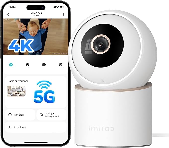 IMILAB C40 4K 8MP Indoor Security Camera, 360° Pan Tilt Pet/Baby/Kid Camera, Room Cam w/Human & Pet Tracking, Smoke Detection, Color Night Vision, 5G WiFi Plug-in Cam, Wall Mount, No Subscription