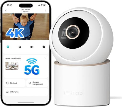 IMILAB C40 4K 8MP Indoor Security Camera, 360° Pan Tilt Pet/Baby/Kid Camera, Room Cam w/Human & Pet Tracking, Smoke Detection, Color Night Vision, 5G WiFi Plug-in Cam, Wall Mount, No Subscription