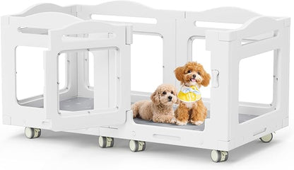Acrylic Indoor Dog Playpen, Whelping Box with Pet Stroller, Puppy Playpen for Small Medium Pets, Cat Rabbit & Puppies, 6-Panel with Bottom Panel, 8 Wheels, Safe, Sturdy, White