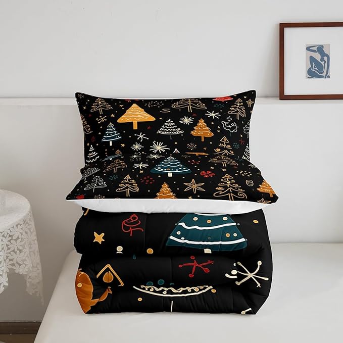 Erosebridal Christmas Theme Comforter Twin for Kids Boys Girls Xmas Tree Bedding Set, Glitter Stars Down Comforter Black Bed Set, Cartoon Hand Drawn Quilted Duvet Breathable for All Seasons 2 Piece