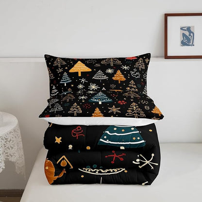 Erosebridal Christmas Theme Comforter Twin for Kids Boys Girls Xmas Tree Bedding Set, Glitter Stars Down Comforter Black Bed Set, Cartoon Hand Drawn Quilted Duvet Breathable for All Seasons 2 Piece