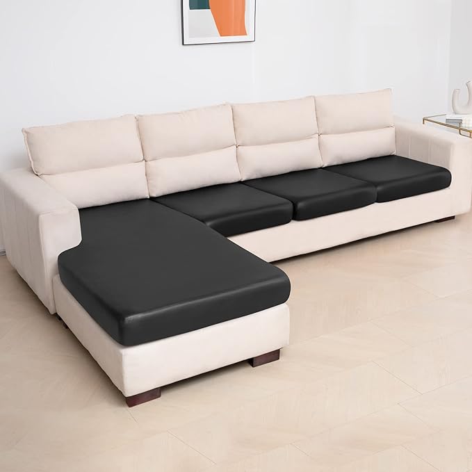 Yates Home Sectional Covers 4 Piece for L Shape Couch - PU Leather Separate Cushion Slip Cover for Left/Right Sectional (3 Seater + 1 Chaise, Black)