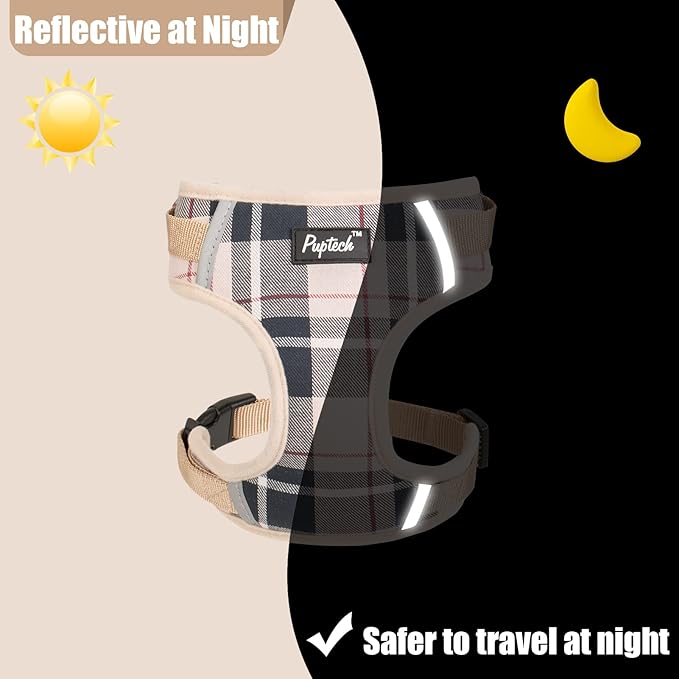 PUPTECK Small Dog Harness and Leash Set, No Pull Adjustable Puppy Cat Harness, Reflective Soft Mesh Pet Vest Small Sized, Beige Plaid, S