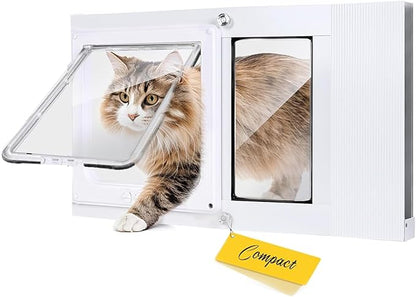 Cat Door for Window with Safety Window Lock, Adapt to Windows of Different Width, 5 Min Non-Destructive Installation Cat Window Door Insert, Aluminum Alloy Frame, 4 Locking Modes, for Cat Only