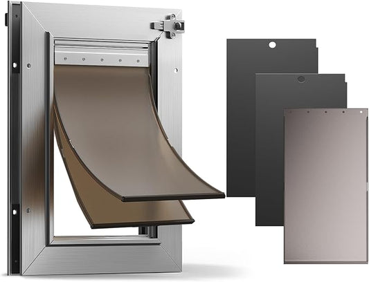 All Aluminum Cat Door, Heavy Duty Doggy Door for Interior and Exterior Doors, Small Dog Door with 2 Magnetic Flaps & 1 Replacement Flap, 2 Closing Panels, Durable Pet Door for Pets Up to 22Lb