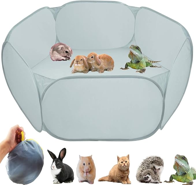 Small Animal Cage Tent Playpen with Fabric,Reptiles Cage,Breathable Transparent Pet Playpen Pop Open Outdoor/Indoor Exercise Fence,Portable Yard Fence (Solid-Grey)