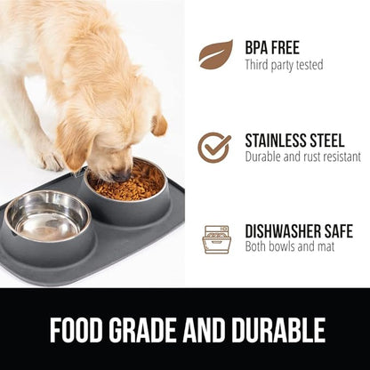 GORILLA GRIP Feeding Mat Bowl Set, 100% Waterproof BPA Free Silicone Base, 304 Stainless Steel Cat and Dog Bowls for Food and Water, Slip Resistant, High Edge, US Designed, Patent Pending, 2 Cup Gray