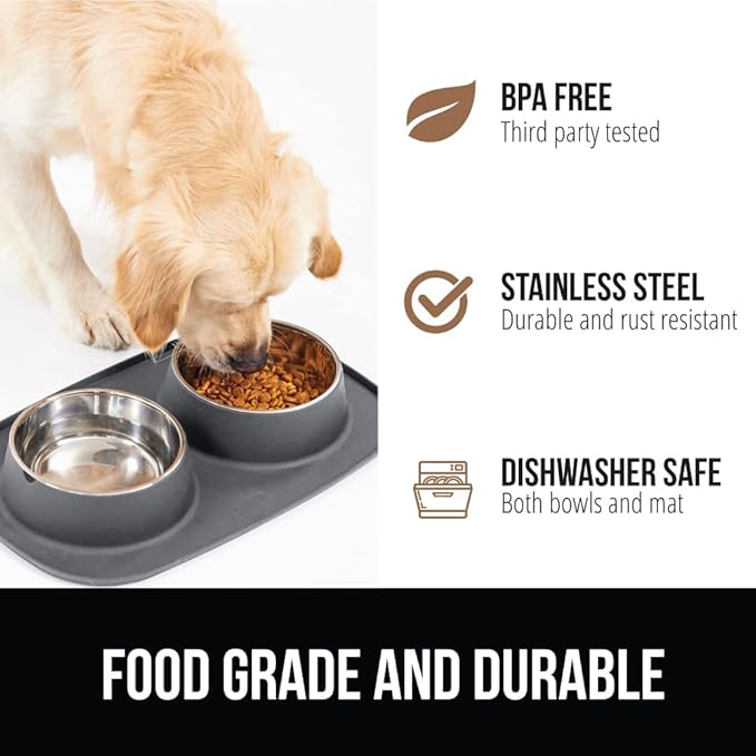 GORILLA GRIP Feeding Mat Bowl Set, 4 Cup 100% Waterproof BPA Free Silicone Base, 304 Stainless Steel Cat and Dog Bowls for Food and Water, Slip Resistant, High Edge, US Designed, Patent Pending, Gray