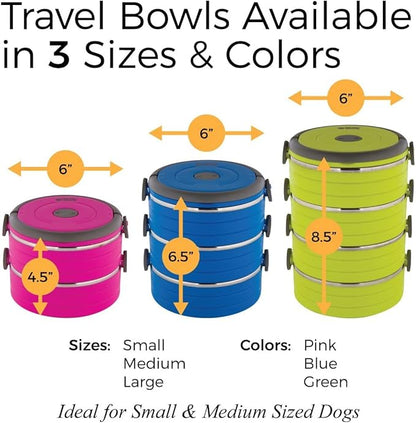 Healthy Human Travel Pet Bento Bowls - Human-Grade Stainless Steel & BPA-Free, Leak-Proof Water & Food Container Set for Dogs & Cats, 2-Pack Interlocking Bowls, Includes Spare Clips & Handle (Green)