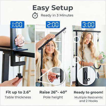 Adjustable Dog Grooming Arm with Clamp, Small Dog Sling for Nail Trimming Hammock, No-Sit Haunch Holder Leash Loops, De-Shedding Glove, Tool Hanging Hooks, Table Clamps - Full Pet Grooming Kit