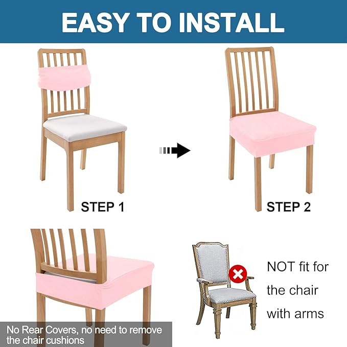 Smiry Waterproof Seat Covers for Dining Room Chairs Set of 8, Stretch Jacquard Removable Washable Chair Seat Slipcovers Protector, No Rear Covers, Blush Pink